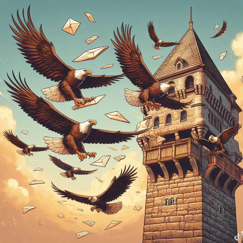 Image d'aigles qui s'envolent d'une tour et livrent des lettres.