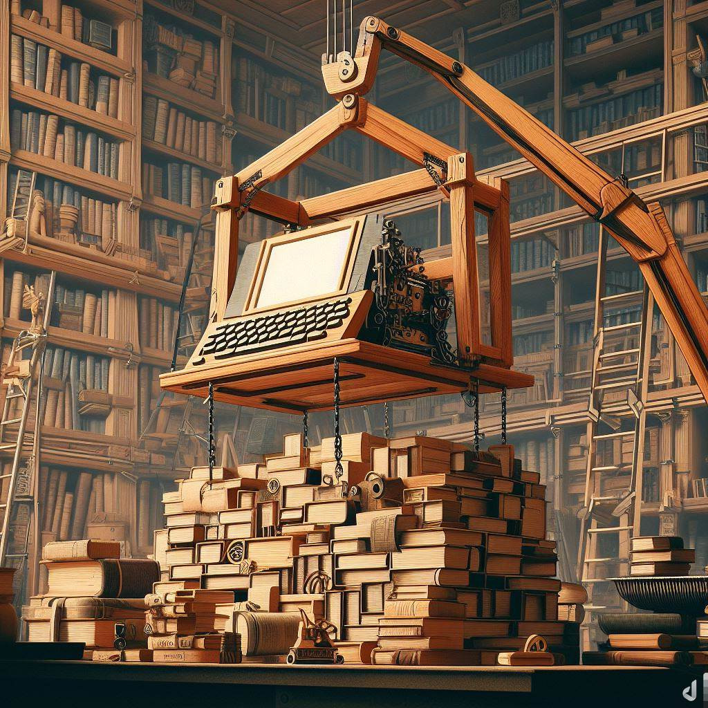 Image d'un ordinateur en bois tenu par une grue par dessus une pile de livre dans une bibliothèque.